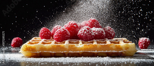 A fresh wafer cake with raspberries and icing sugar, depicted in mid-flight, creates an appetising focal point against a black background, serving as the main backdrop for culinary publications.