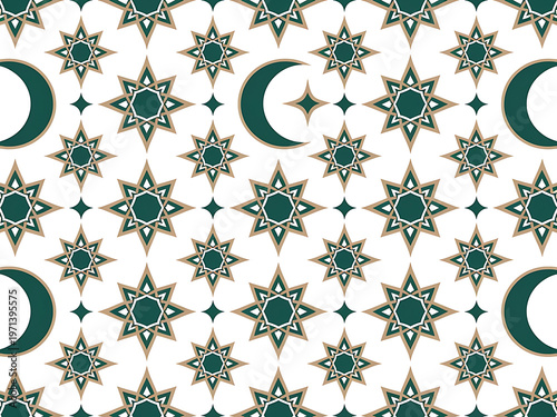 Islamic geometric pattern with stars and crescent moons on white background transparent background