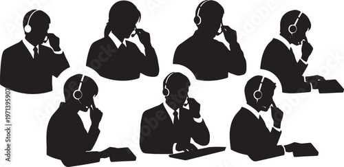 Black Solid Customer Support Rep Headset Typing Silhouettes Set of Six on White Background