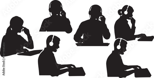 Black Solid Customer Support Rep Headset Typing Silhouettes Set of Six on White Background