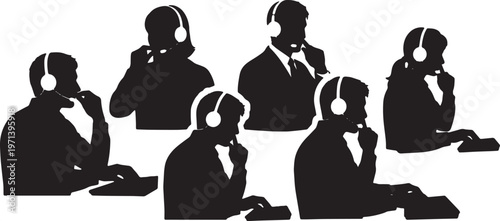 Black Solid Customer Support Rep Headset Typing Silhouettes Set of Six on White Background