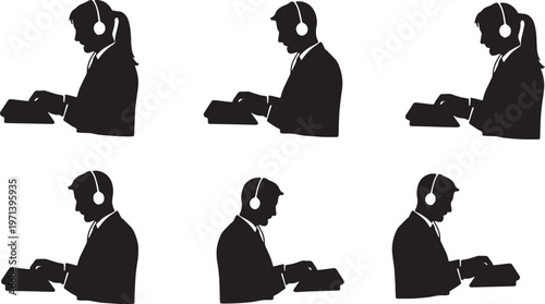 Black Solid Customer Support Rep Headset Typing Silhouettes Set of Six on White Background