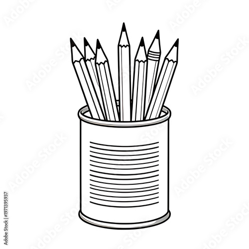 Stylized vector graphics. An outline drawing of a jar with pencils sticking out.