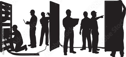 Black Solid Database Engineer Server Rack Silhouettes Set of Six on White Background