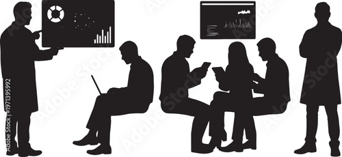 Black Solid Data Scientist Training Machine Learning Silhouettes Set of Six on White Background