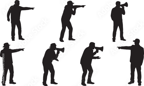 Black Solid Demanding Director Snapping Fingers Silhouettes Set of Six on White Background