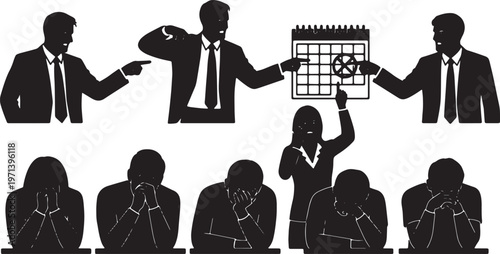 Black Solid Demanding Manager Pointing Calendar Silhouettes Set of Six on White Background