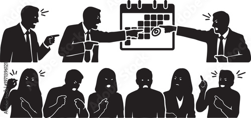 Black Solid Demanding Manager Pointing Calendar Silhouettes Set of Six on White Background