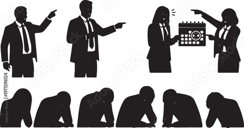 Black Solid Demanding Manager Pointing Calendar Silhouettes Set of Six on White Background