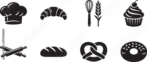 Bakery icons set with bread, cake, croissant and pastry symbols in clean vector style.