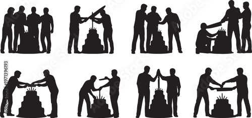 Black Solid Development Team Slicing Cake Silhouettes Set of Six on White Background
