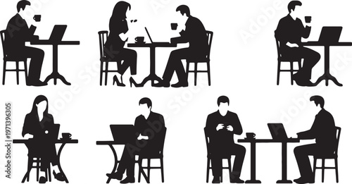 Black Solid Digital Nomad Cafe Laptop Silhouettes Set of Six on White Background
