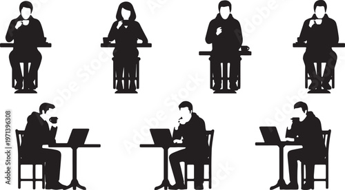 Black Solid Digital Nomad Cafe Laptop Silhouettes Set of Six on White Background