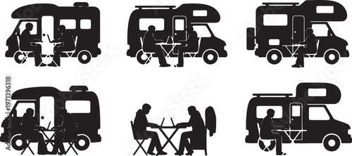 Black Solid Digital Nomad Campervan Laptop Table Silhouettes Set of Six on White Background