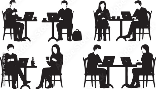 Black Solid Digital Nomad Cafe Laptop Silhouettes Set of Six on White Background
