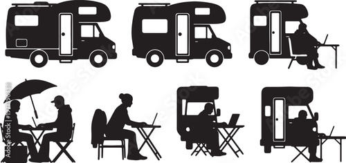 Black Solid Digital Nomad Campervan Laptop Table Silhouettes Set of Six on White Background