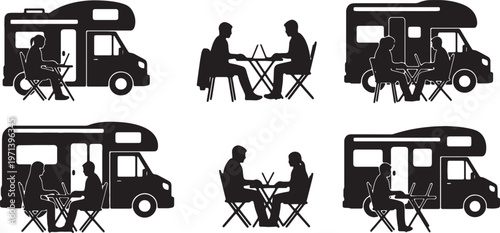 Black Solid Digital Nomad Campervan Laptop Table Silhouettes Set of Six on White Background