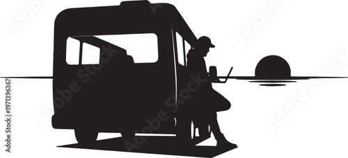 Black Solid Digital Nomad Campervan Sunset Laptop Silhouettes Set of Six on White Background