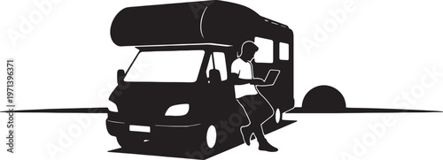 Black Solid Digital Nomad Campervan Sunset Laptop Silhouettes Set of Six on White Background