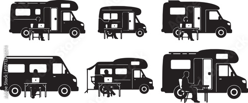 Black Solid Digital Nomad Campervan Laptop Table Silhouettes Set of Six on White Background
