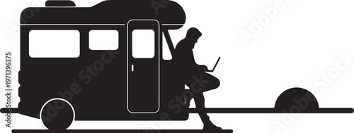 Black Solid Digital Nomad Campervan Sunset Laptop Silhouettes Set of Six on White Background