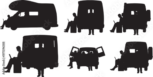 Black Solid Digital Nomad Campervan Sunset Laptop Silhouettes Set of Six on White Background