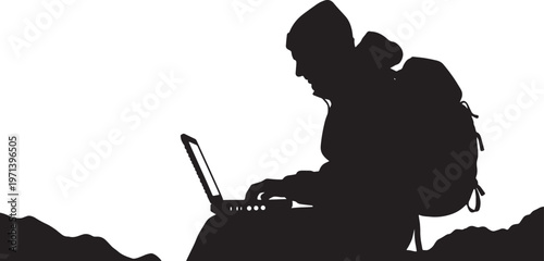 Black Solid Digital Nomad Mountain Overlook Rugged Laptop Silhouettes Set of Six on White Background