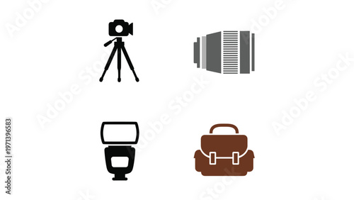 Essential photography and travel gear icons displayed in a simple layout