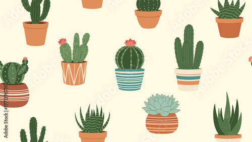 Decorative green cacti and succulents are illustrated in various colorful ceramic pots in this cheerful seamless pattern for home decor.