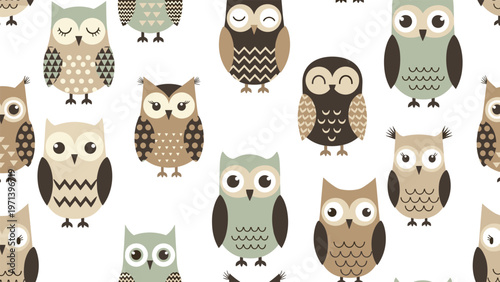 Whimsical owls with various patterns like polka dots and chevrons are featured in this cute seamless repeat design for nursery textiles.
