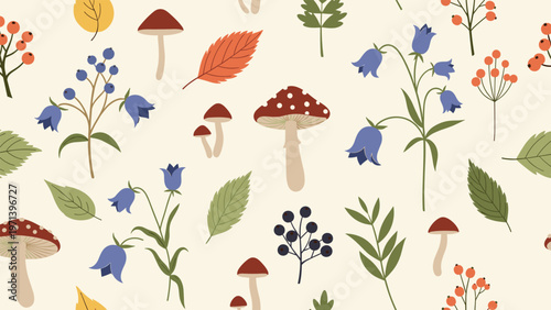 Forest floor scene with red mushrooms, bluebell flowers, berries, and autumn leaves creates a whimsical woodland pattern on a cream base.