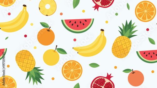 Refreshing tropical fruit pattern includes illustrated pineapples, bananas, orange slices, and watermelon wedges on a light blue background.