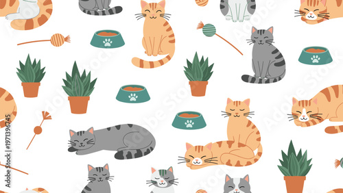 Playful ginger and grey tabby cats are depicted relaxing among potted houseplants, food bowls, and toys in a seamless repeat pattern.