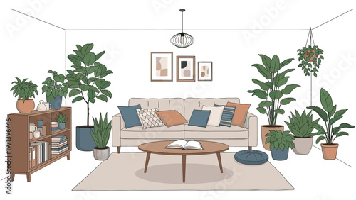 Cozy modern living room interior design is filled with a variety of green indoor houseplants, potted trees, and comfortable furniture.