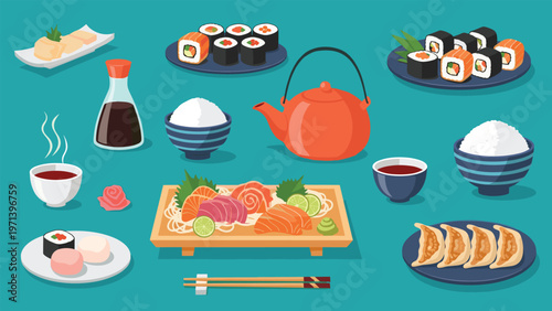 Comprehensive set of Japanese cuisine illustrations features sushi rolls, sashimi platter, ramen bowl, green tea, and gyoza dumplings.