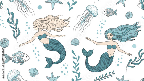 Enchanting underwater scene features beautiful mermaids swimming among jellyfish, starfish, seaweeds, and shells in a blue-toned pattern.
