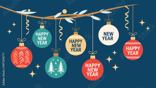 Festive New Year ornaments and colorful holiday baubles are shown hanging from a snowy tree branch against a dark blue midnight background.