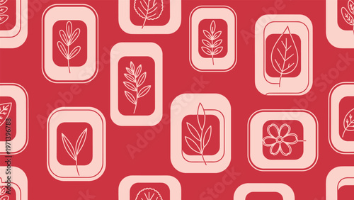 Retro style botanical pattern showcases stylized leaves and flowers enclosed in rounded rectangular frames on a deep red background color.