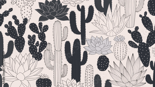 Striking black and white pattern of various cacti and succulents in different shapes and textures creates a modern desert botanical design.