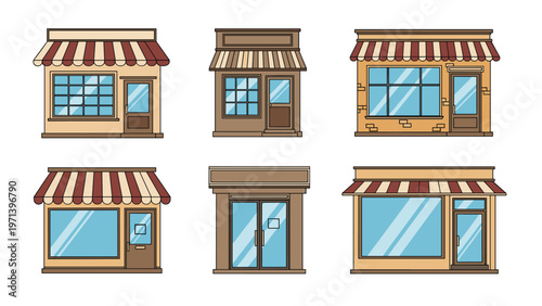 Collection of colorful shop storefronts and boutique buildings features different window displays, awnings, and architectural styles.