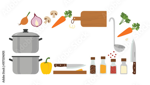 Border design for culinary themes features kitchen pots, fresh vegetables, cooking utensils, and spices arranged around a white space.