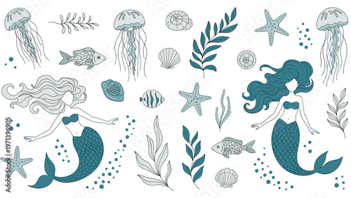 Whimsical collection of ocean-themed elements features mermaids, jellyfish, fish, seashells, and starfish in a soft blue and white palette.