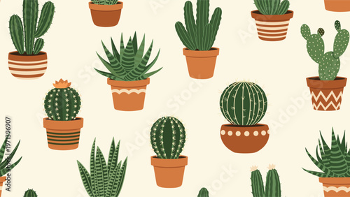 Seamless pattern of various green cacti and succulents growing in decorative terracotta pots with different patterns and textures.