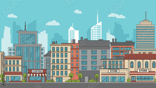 Colorful urban cityscape illustration featuring various multi story buildings with a coffee shop and stores under a bright blue sky.