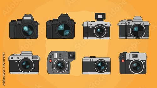 Extensive collection of various retro and modern digital camera icons in pixel art style displayed on a warm orange background.