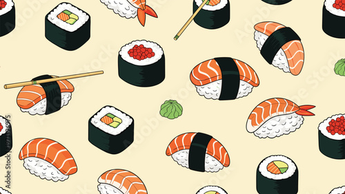 Appetizing seamless pattern of different types of sushi rolls nigiri with salmon and shrimp and wasabi on a beige background.