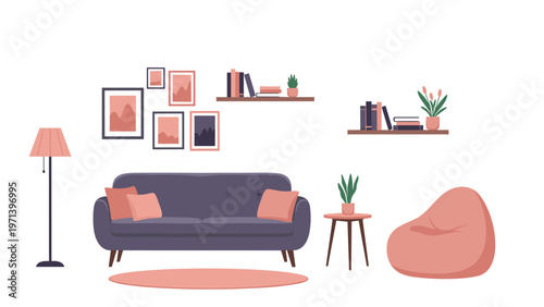 Modern living room interior illustration with a comfortable purple sofa pink bean bag lamp shelving and various plants.