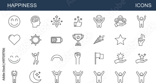 Happiness outline icon set including smile celebration success positivity achievement motivation joy stars rainbow trophy and emotional wellbeing symbols