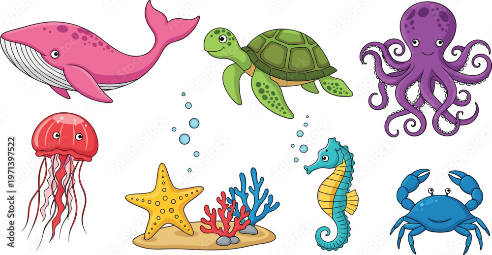 Fototapeta premium Cute Sea Creature Character Set with Whale, Turtle, Octopus, Jellyfish, Seahorse, Crab, and Coral for Kids' Ocean Illustrations and Marine Designs