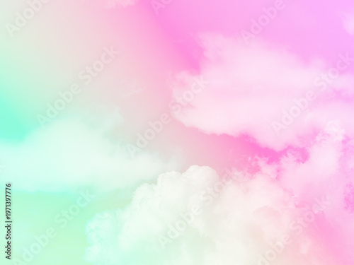 beauty sweet pastel green and pink colorful with fluffy clouds on sky. multi color rainbow image. abstract fantasy growing light